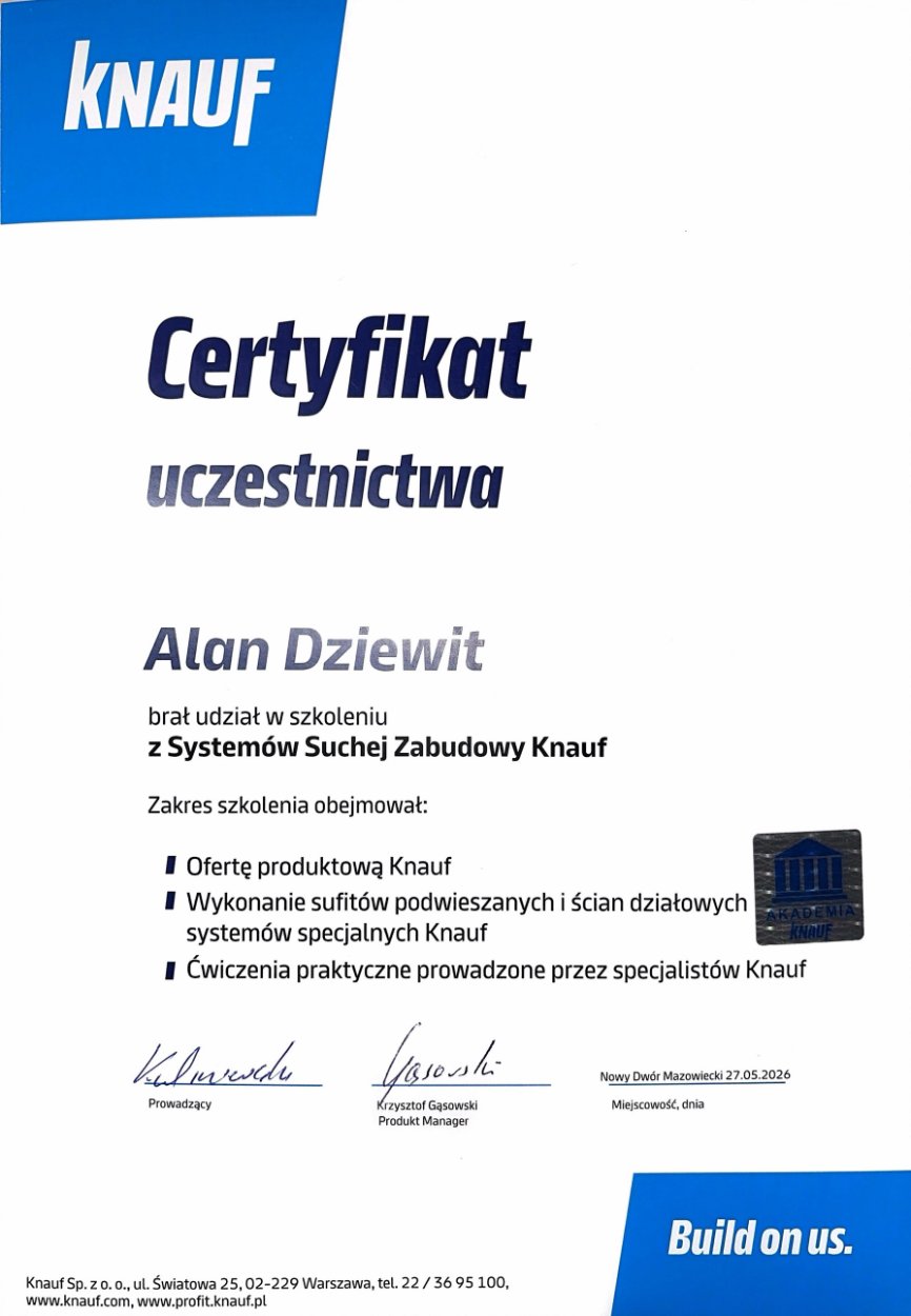 Certyfikat: Systemy suchej zabudowy Knauf